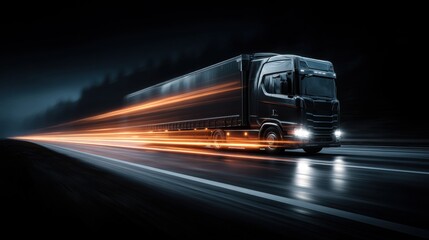 Obraz premium Black semi-truck speeding on a highway at night motion blur effect representing logistics and transportation