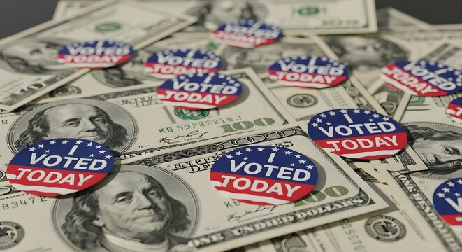 “Voted Today” pins placed on US dollar bills symbolize the intersection of voting, democracy, and economic influence, highlighting the power of civic engagement and financial impact in shaping.