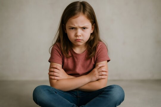 Young girl sitting on the floor with arms crossed and a defiant frown on her face, expressing feelings of anger and stubbornness