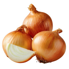Three golden onions with a slice isolated on white background representing culinary ingredients and healthy eating