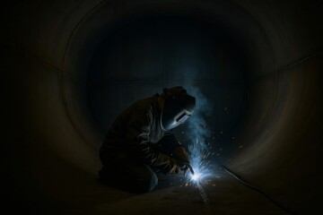 Welder wearing protective mask working inside metal tank using welding equipment generating sparks and smoke