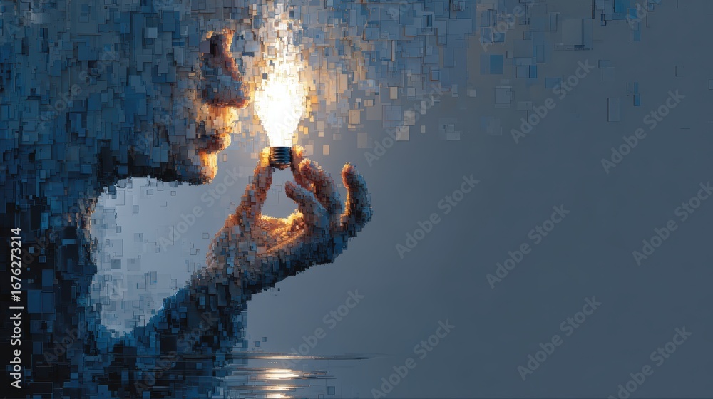 Poster hand holds a glowing light bulb constructed from pixels showing conceptual idea or innovation for bu