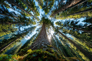 Obraz premium Tall tree trunk with sunlight shining through green forest canopy on clear day, creating peaceful and vibrant natural atmosphere