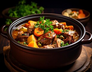 Hearty stew in a rustic pot