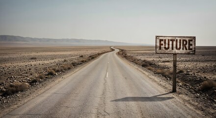 Road leading to a sign with the word FUTURE in a desolate landscape