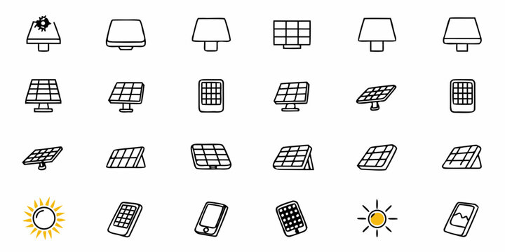 Capturing the essence of renewable energy with a diverse collection of solar panel icons and sun symbols, perfect for eco-friendly projects and sustainable technology themes.