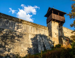 Ancient stone wall with wooden watchtower
