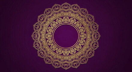 Elegant gold mandala frame on deep purple background with text space.