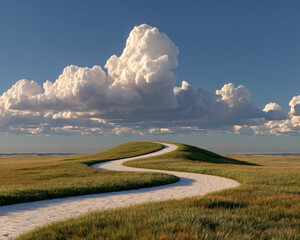 Winding stone path leads through green grassy hills under dramatic sky filled with large fluffy clouds, evoking sense of peaceful journey and hopeful new beginnings