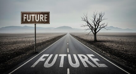Road leading to a sign with the word FUTURE in a desolate landscape