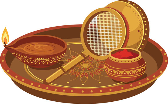 vibrant vector illustration of a traditional Karva Chauth puja thali, featuring a decorative oil lamp, a channi (sieve), and a karva (pot) with sindoor, celebrating a sacred Hindu ritual.