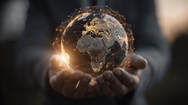 Human Hands Holding Digital Globe with Glowing Network of Connections in Dark Background