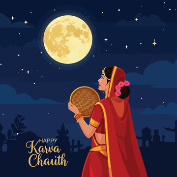 A beautifully crafted, modern vector illustration of a devout Indian woman celebrating the Hindu festival of Karva Chauth, looking at the full moon through a sieve with deep love and devotion.