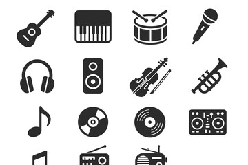 Music instrument icons set: guitar, piano, drum, microphone, headphones, speaker, violin, trumpet, music note, cd, vinyl, radio, dj mixer