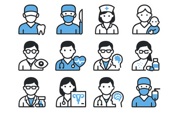 Naklejka premium Healthcare icons: doctors, nurses, and medical professionals in various roles