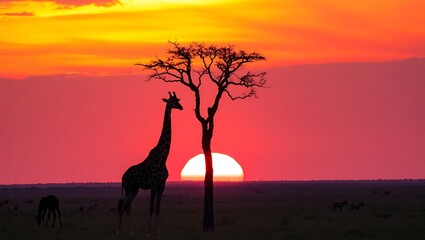A giraffe is silhouetted in front of a tree during a vibrant african sunset with fiery orange and pink sky