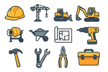 Fototapeta premium Construction tools icons: helmet, crane, bulldozer, excavator, drill, hammer, wrench, pliers