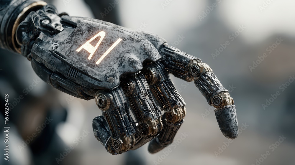 Poster robot hand displaying ai technology with one finger pointing, highlighting innovation and artificial