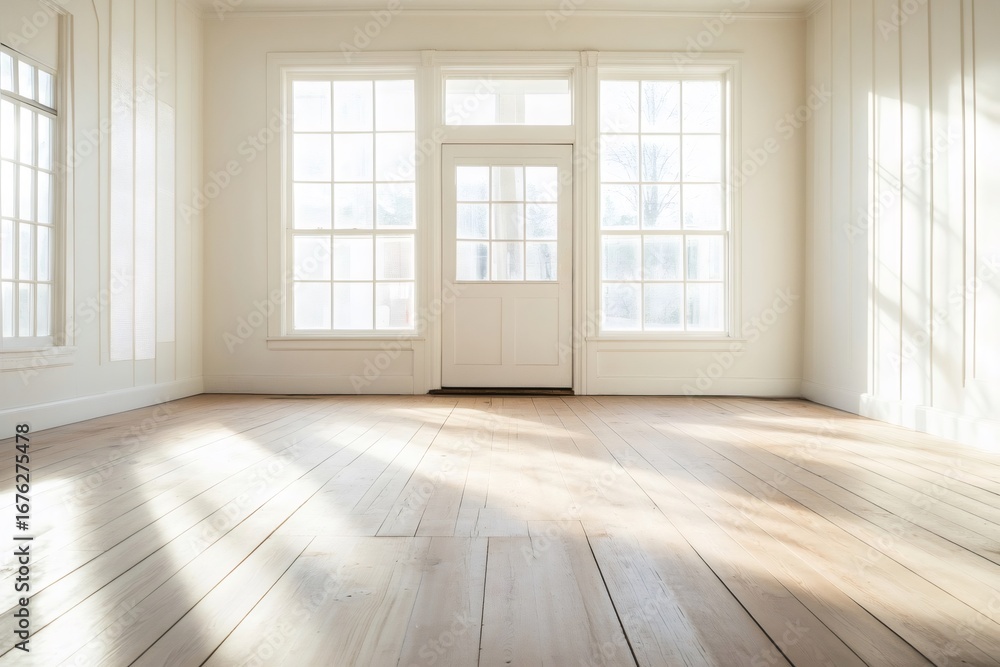 Poster sunlight streams through large windows and a white door, illuminating the hardwood floor of an empty