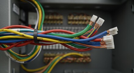 Close Up of Colorful Electrical Wires With Connectors Inside Control Panel