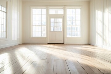 Obraz premium Sunlight streams through large windows and a white door, illuminating the hardwood floor of an empty room with white walls