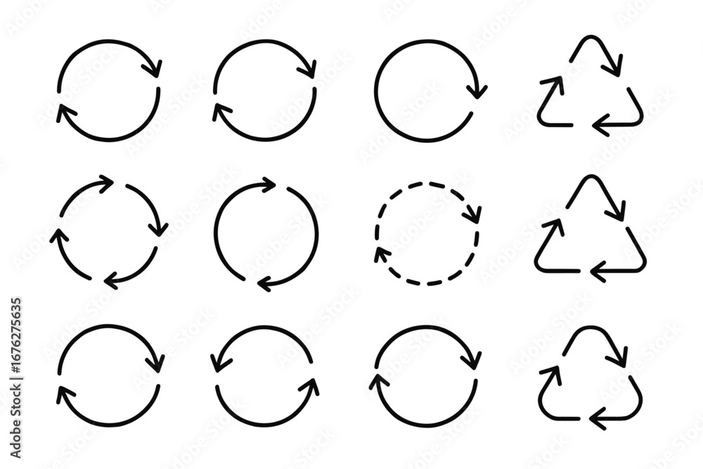 Poster set of circular and triangular arrow symbols for recycling and process flow
