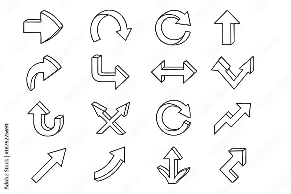 Poster set of diverse arrow icons and symbols in various directions and styles