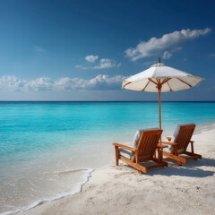 Fototapeta premium Tropical beach with two wooden lounge chairs and white umbrella by clear turquoise water under blue sky with clouds, creating peaceful and relaxing atmosphere