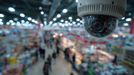 Security camera monitors shoppers in a busy supermarket aisle showing overcrowding during winter