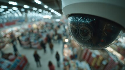 Security camera monitors shoppers in a busy supermarket aisle showing overcrowding during winter