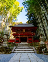 Ancient temple nestled amidst bamboo grove