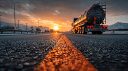 Tanker truck driving on the highway at sunset transportation of fuel and chemicals commercial transport