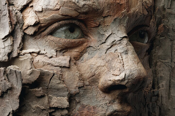 Obraz premium A surreal layered portrait where a human face is subtly merged with tree bark textures and hidden animal eyes, creating an unsettling effect.