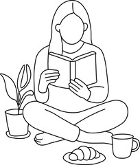 A girl reading a book with coffee & snacks line art