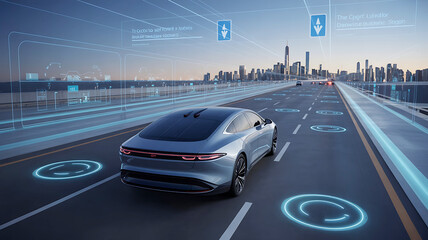 Sleek silver autonomous car drives on futuristic highway with digital interface vehicle road