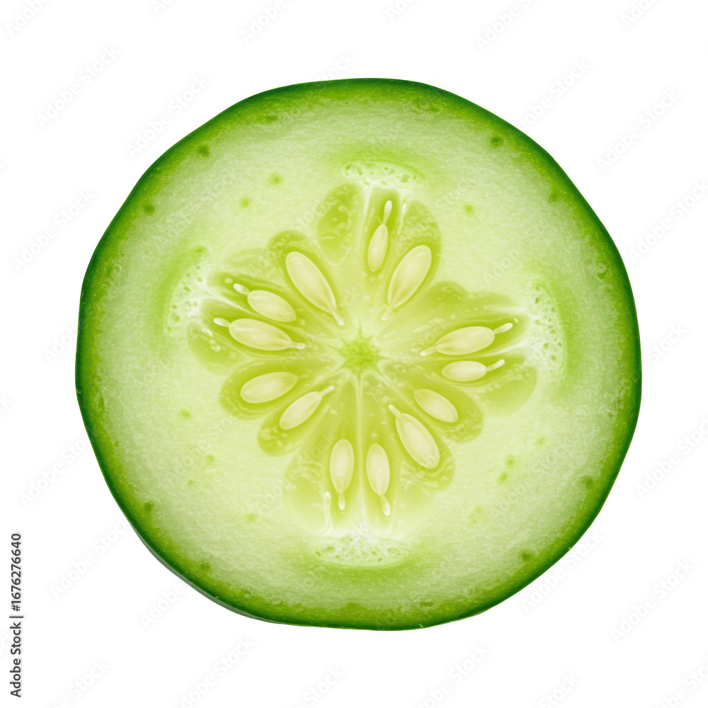 Poster freshly cut vibrant green cucumber cross-section with symmetrical translucent seeds on a transparent
