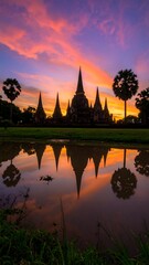 Ancient temple silhouette at sunset, reflected in water
