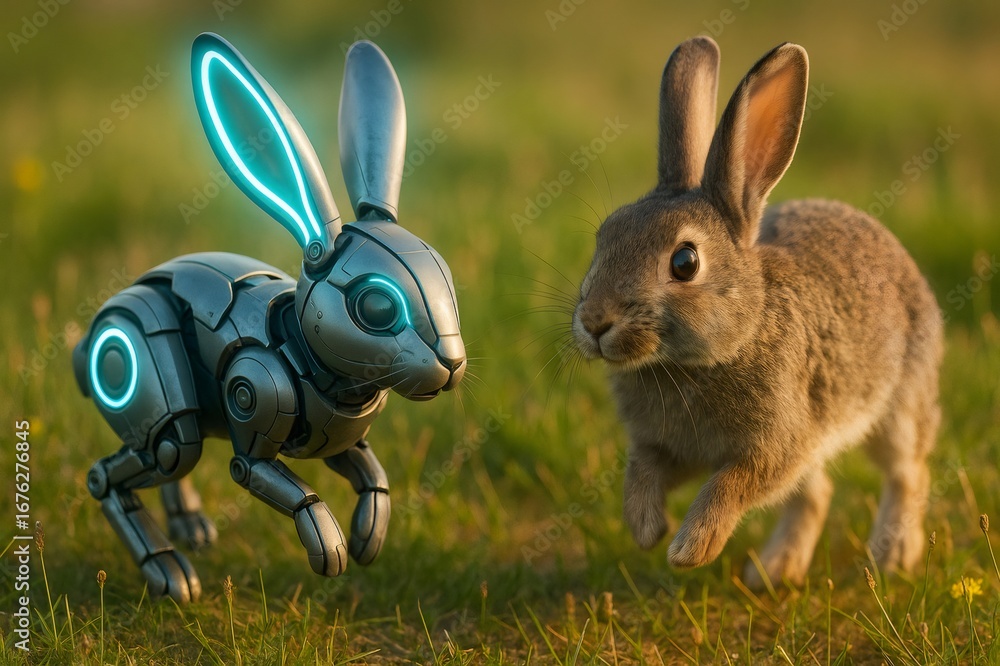 Poster robotic rabbit running in a green field meeting a real rabbit, concept of artificial intelligence an