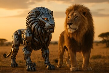 Metallic lion and real lion standing together in the African savannah at sunset, creating a powerful contrast between nature and technology