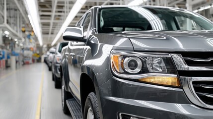 A shiny gray pickup truck is seen up close on a production line within a modern automotive factory.