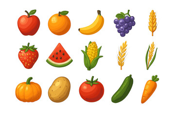 Assorted fruits and vegetables collection on white background