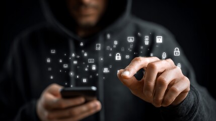 Man in Dark Hoodie Interacting with Smartphone with Floating Security Icons and Digital Symbols