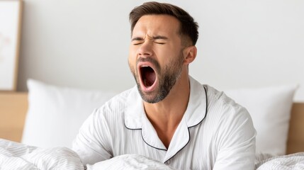 A sleepy man with his eyes closed and mouth wide open, yawning as he wakes up in a bright, clean bed.