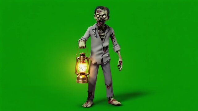 Cartoon zombie holding a lantern on a green screen background in a studio setting view from front green screen halloween zombie video