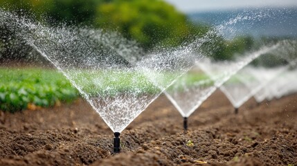 A row of irrigation sprinklers spraying water over freshly tilled soil, ensuring proper hydration for growing crops.