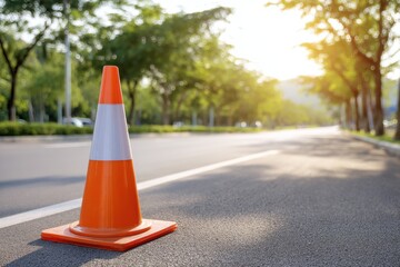 An orange and white traffic cone on an asphalt road with a white line, lush trees, and bright sun flare.