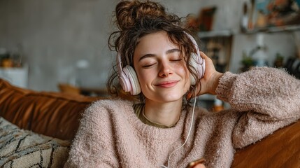 Woman relaxing at home listening to music with headphones and holding phone in living room during afternoon