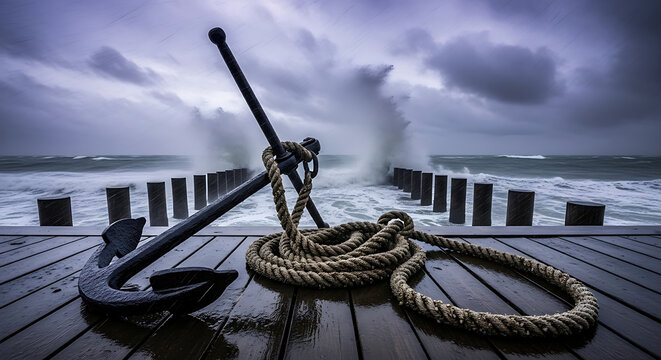 Anchor and rope on a wooden pier facing a stormy sea with crashing waves under a cloudy sky at daytime ai generated