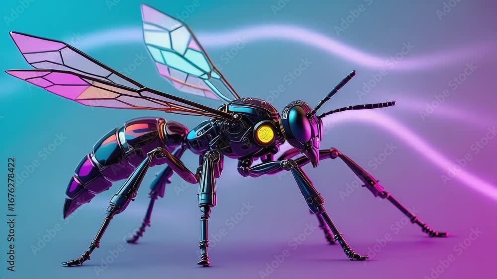 Poster robotic wasp with colorful segmented wings standing on a gradient background with glowing eyes and n