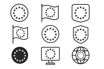 European union flag icons set: stars in various shapes and styles